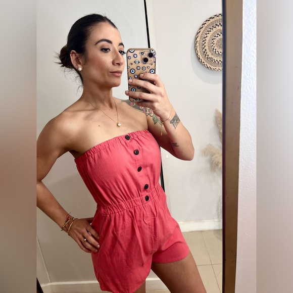 TOXIK | Women's Coral Pink Linen Strapless Romper NWOT MEDIUM - Picture 9 of 9